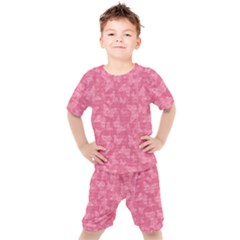 Blush Pink Butterflies Batik Kids  Tee And Shorts Set by SpinnyChairDesigns