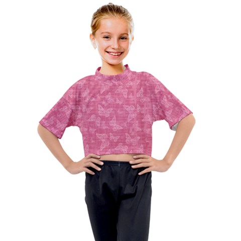 Blush Pink Butterflies Batik Kids Mock Neck Tee by SpinnyChairDesigns