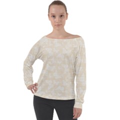 Champagne And White Butterflies Batik Off Shoulder Long Sleeve Velour Top by SpinnyChairDesigns