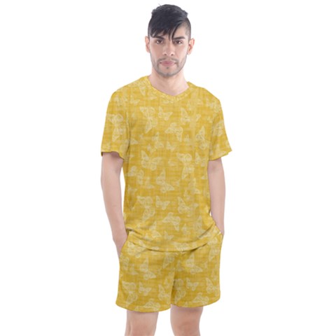 Saffron Yellow Butterflies Batik Men s Mesh Tee And Shorts Set by SpinnyChairDesigns