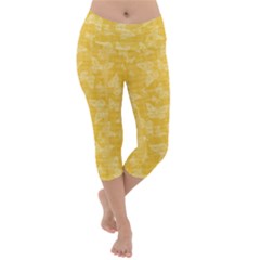 Saffron Yellow Butterflies Batik Lightweight Velour Capri Yoga Leggings by SpinnyChairDesigns