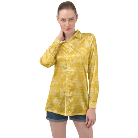 Saffron Yellow Butterflies Batik Long Sleeve Satin Shirt by SpinnyChairDesigns