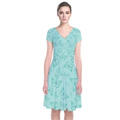 Biscay Green Monarch Butterflies Short Sleeve Front Wrap Dress by SpinnyChairDesigns