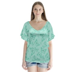 Biscay Green Monarch Butterflies V-neck Flutter Sleeve Top by SpinnyChairDesigns