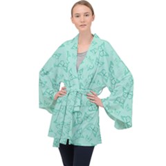 Biscay Green Monarch Butterflies Long Sleeve Velvet Kimono  by SpinnyChairDesigns