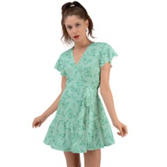 Biscay Green Monarch Butterflies Flutter Sleeve Wrap Dress by SpinnyChairDesigns