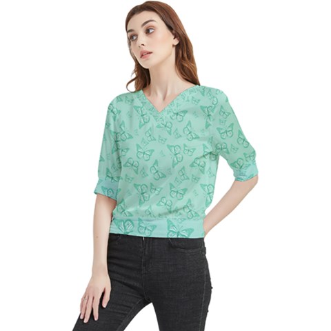 Biscay Green Monarch Butterflies Quarter Sleeve Blouse by SpinnyChairDesigns