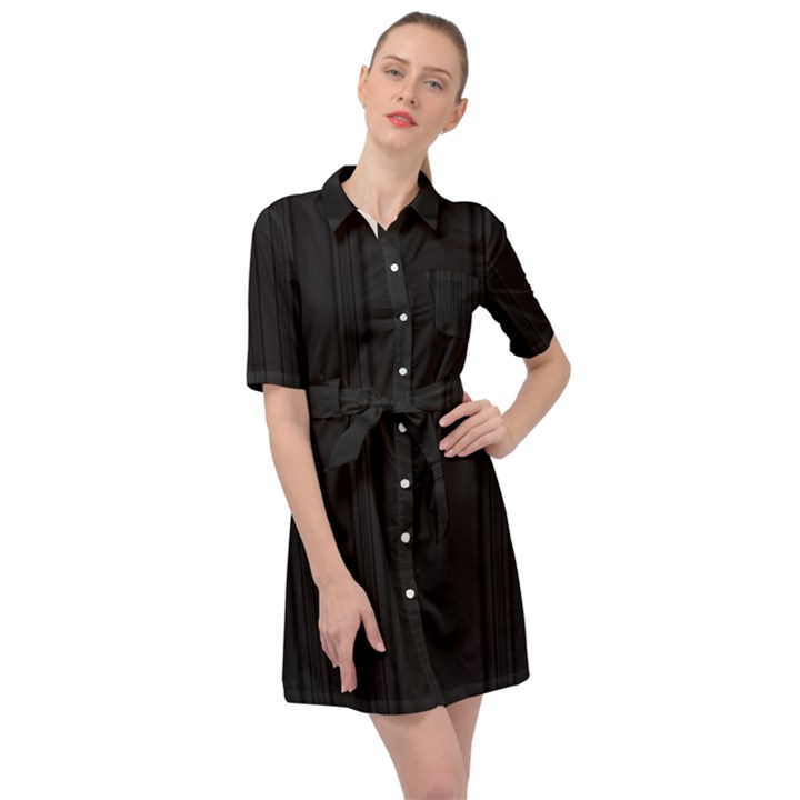 Pitch Black Color Stripes Belted Shirt Dress