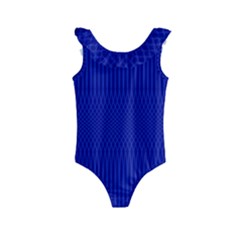 Cobalt Blue Color Stripes Kids  Frill Swimsuit by SpinnyChairDesigns