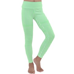 Mint Green White Stripes Kids  Lightweight Velour Classic Yoga Leggings by SpinnyChairDesigns