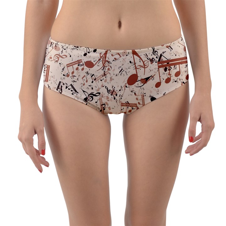 Music Notes Pattern Cinnamon Color Reversible Mid-Waist Bikini Bottoms