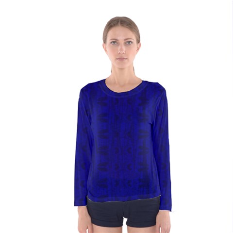 Cobalt Blue Color Batik Women s Long Sleeve Tee by SpinnyChairDesigns