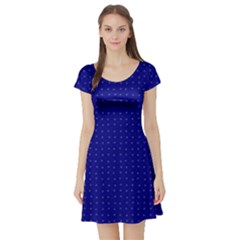 Navy Blue Color Polka Dots Short Sleeve Skater Dress by SpinnyChairDesigns