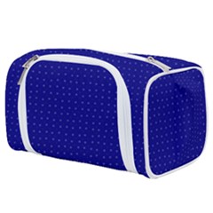 Navy Blue Color Polka Dots Toiletries Pouch by SpinnyChairDesigns