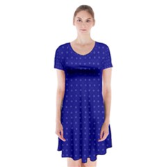 Navy Blue Color Polka Dots Short Sleeve V-neck Flare Dress by SpinnyChairDesigns