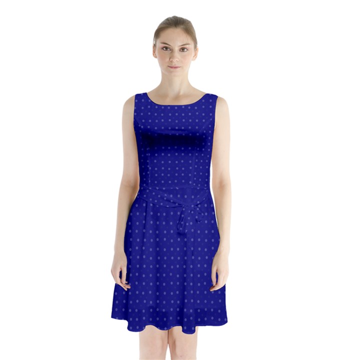 Navy Blue Color Polka Dots Sleeveless Waist Tie Chiffon Dress