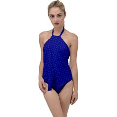 Navy Blue Color Polka Dots Go With The Flow One Piece Swimsuit by SpinnyChairDesigns