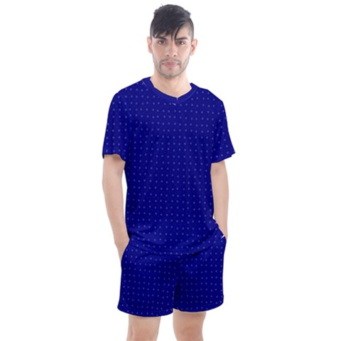 Navy Blue Color Polka Dots Men s Mesh Tee And Shorts Set by SpinnyChairDesigns