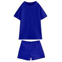 Navy Blue Color Polka Dots Kids  Swim Tee And Shorts Set by SpinnyChairDesigns