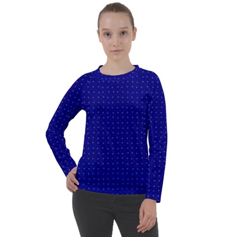 Navy Blue Color Polka Dots Women s Long Sleeve Raglan Tee by SpinnyChairDesigns