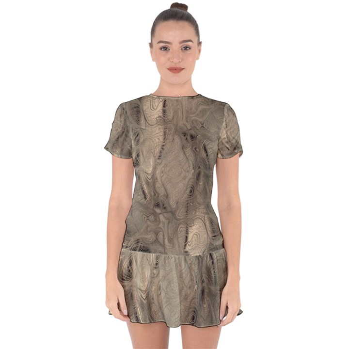 Abstract Tan Beige Texture Drop Hem Mini Chiffon Dress