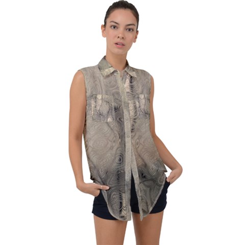 Abstract Tan Beige Texture Sleeveless Chiffon Button Shirt by SpinnyChairDesigns