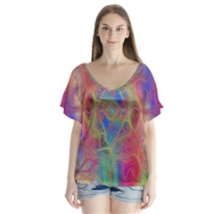 Boho Tie Dye Rainbow V-neck Flutter Sleeve Top by SpinnyChairDesigns