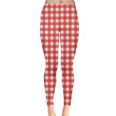 Red White Gingham Plaid Leggings  by SpinnyChairDesigns