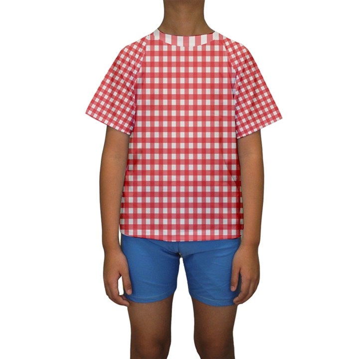 Red White Gingham Plaid Kids  Short Sleeve Swimwear