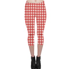 Red White Gingham Plaid Capri Leggings  by SpinnyChairDesigns