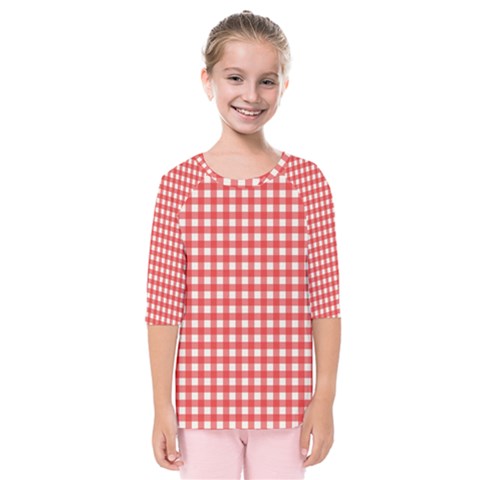 Red White Gingham Plaid Kids  Quarter Sleeve Raglan Tee by SpinnyChairDesigns