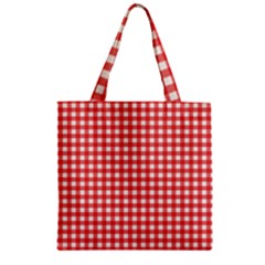 Red White Gingham Plaid Zipper Grocery Tote Bag by SpinnyChairDesigns