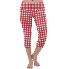 Red White Gingham Plaid Capri Yoga Leggings by SpinnyChairDesigns