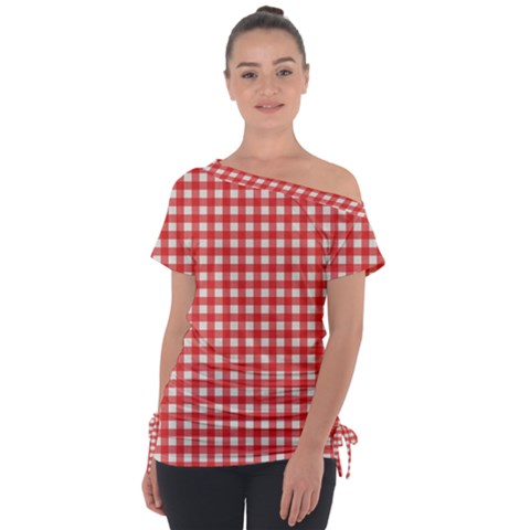 Red White Gingham Plaid Tie-up Tee by SpinnyChairDesigns