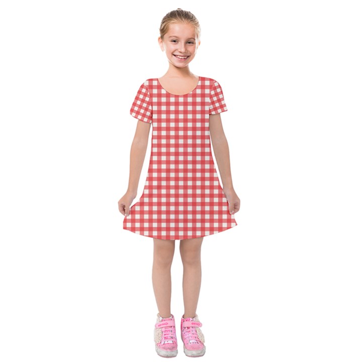 Red White Gingham Plaid Kids  Short Sleeve Velvet Dress