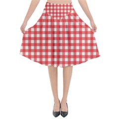 Red White Gingham Plaid Flared Midi Skirt by SpinnyChairDesigns