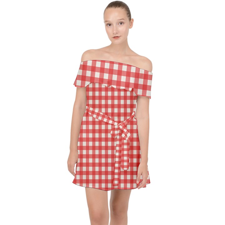 Red White Gingham Plaid Off Shoulder Chiffon Dress