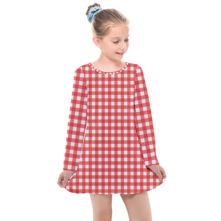 Red White Gingham Plaid Kids  Long Sleeve Dress