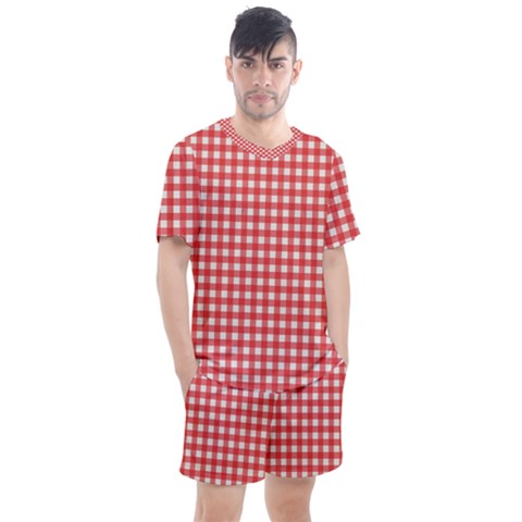 Red White Gingham Plaid Men s Mesh Tee And Shorts Set by SpinnyChairDesigns