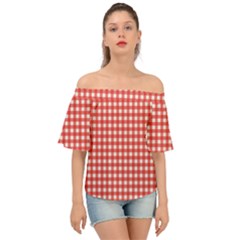 Red White Gingham Plaid Off Shoulder Short Sleeve Top by SpinnyChairDesigns