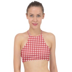 Red White Gingham Plaid Racer Front Bikini Top by SpinnyChairDesigns