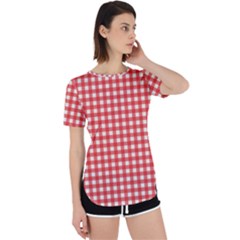 Red White Gingham Plaid Perpetual Short Sleeve T-shirt by SpinnyChairDesigns