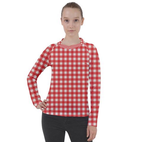 Red White Gingham Plaid Women s Pique Long Sleeve Tee by SpinnyChairDesigns