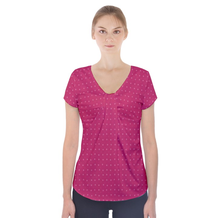 Rose Pink Color Polka Dots Short Sleeve Front Detail Top