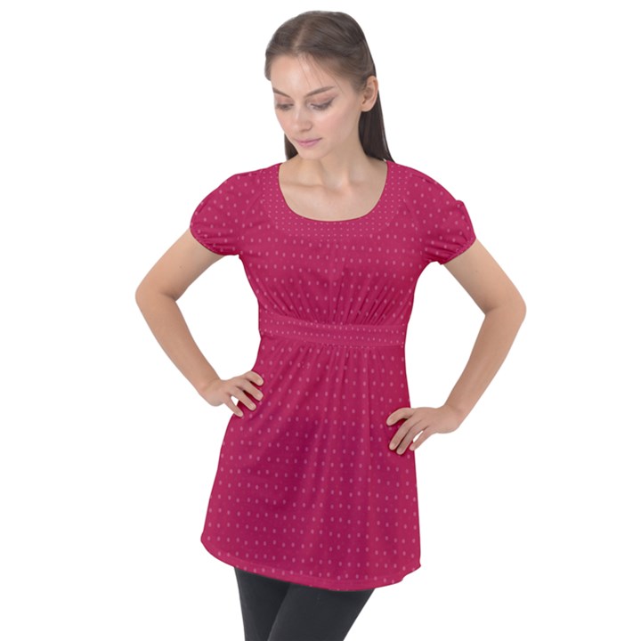 Rose Pink Color Polka Dots Puff Sleeve Tunic Top