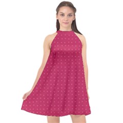 Rose Pink Color Polka Dots Halter Neckline Chiffon Dress  by SpinnyChairDesigns