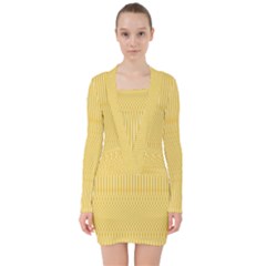 Saffron Yellow Color Stripes V-neck Bodycon Long Sleeve Dress by SpinnyChairDesigns