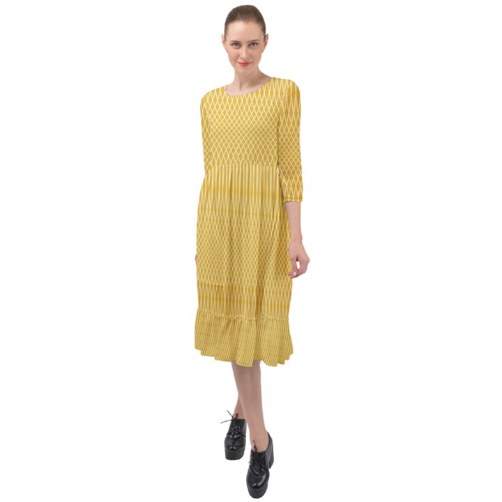 Saffron Yellow Color Stripes Ruffle End Midi Chiffon Dress