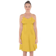 Saffron Yellow Color Polka Dots Ruffle Detail Chiffon Dress by SpinnyChairDesigns