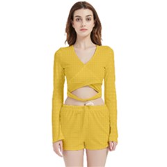 Saffron Yellow Color Polka Dots Velvet Wrap Crop Top